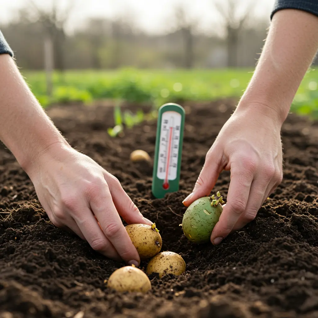 An image illustrating Photorealistic, eye-level shot of a home gardener's hands carefully placing a green-sprouted seed potato into rich, dark, prepared garden soil. In the blurred background, a hint of a Missouri spring garden with emerging green shoots. A soil thermometer is subtly visible stuck in the soil nearby, reading around 50°F. Bright, natural morning sunlight. Focus on the seed potato and hands. Mood: hopeful, practical, encouraging. 16:9 aspect ratio. --no text