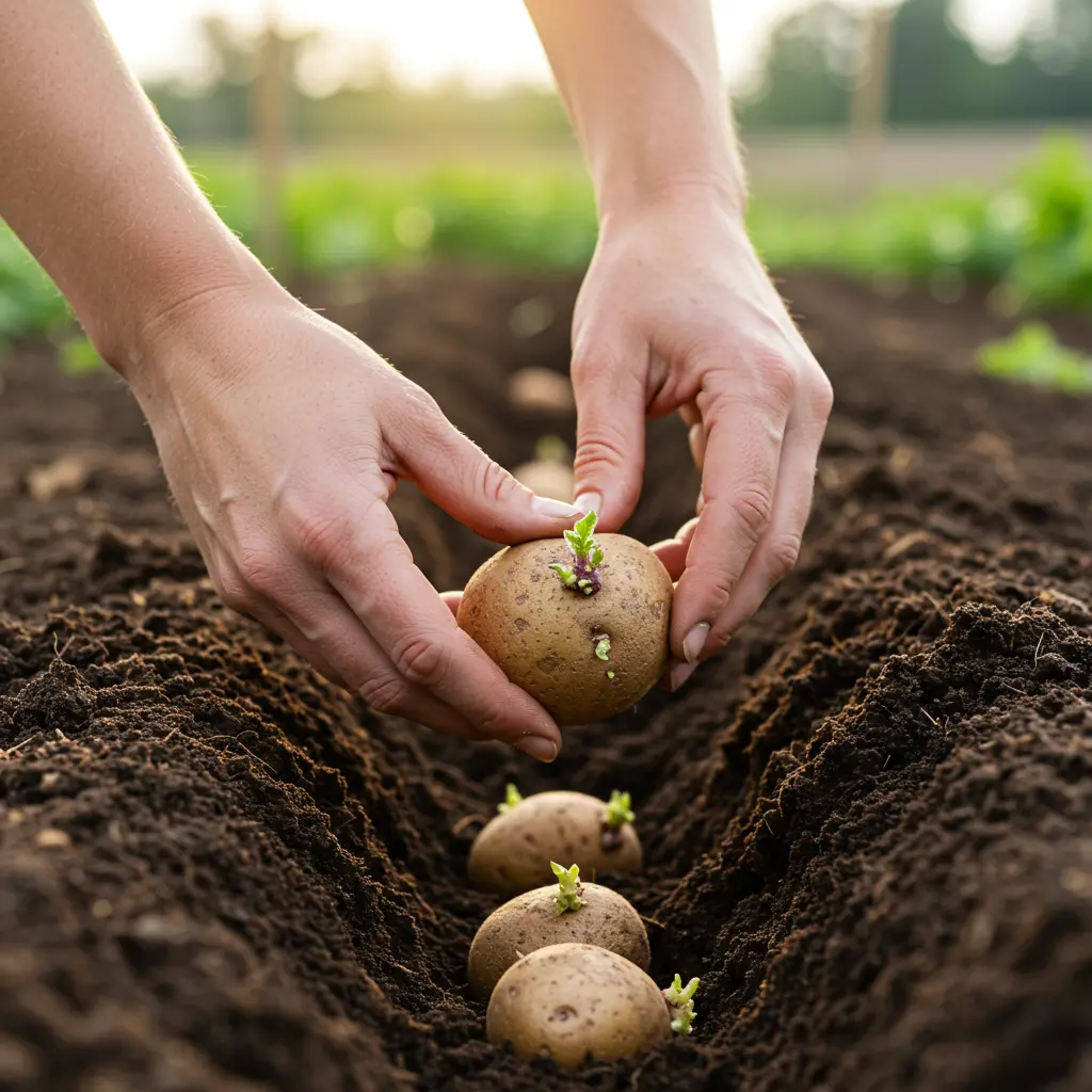 An image illustrating Photorealistic, eye-level close-up of a home gardener's hands gently placing a healthy seed potato with short, sturdy green sprouts (chitted) into a furrow of dark, rich, loamy garden soil. Soft, natural morning sunlight illuminates the scene. Background is a softly blurred early spring Pennsylvania vegetable garden with hints of green. Evokes a feeling of anticipation and successful planting. 16:9 aspect ratio. --no text