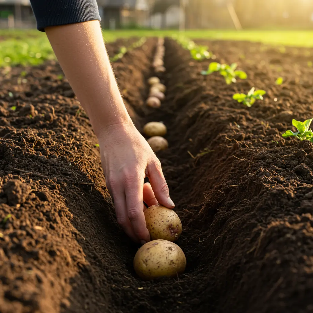 An image illustrating Photorealistic, eye-level shot of a gardener's hands gently placing a perfectly cut seed potato (with 1-2 visible 'eyes') into a prepared furrow in rich, dark soil. In the background, a row of newly planted potatoes is visible, with subtle hints of early spring green in a Zone 7 garden setting. Warm, encouraging morning sunlight. Clear focus on the planting action. 16:9 aspect ratio. --no overly manicured garden.