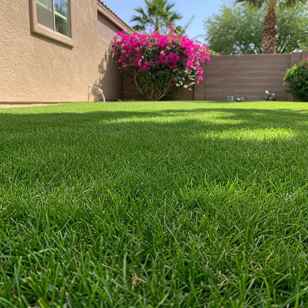 An image illustrating Photorealistic, eye-level view of a thriving, dense green winter ryegrass lawn in a Phoenix, Arizona residential setting. Bright, sunny day highlighting the vibrant color of the grass. A Phoenix home's stucco wall and a glimpse of desert-adapted plants (e.g., bougainvillea, palm tree) are visible in the soft-focused background, establishing the location. The overall mood is successful, healthy, and inviting. 16:9 aspect ratio. --no text, --no overt branding, --no people.