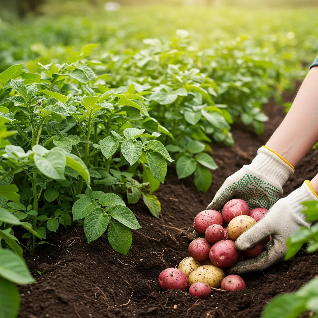 An image illustrating Photorealistic stock photo, eye-level view of a thriving Zone 9a garden bed with healthy, vibrant green potato plants. Some plants clearly show dark, rich soil carefully hilled up around their bases. In the foreground, a pair of gardener's hands (gloves optional, clean hands) gently unearths a cluster of fresh, clean new potatoes (e.g., a mix of Red LaSoda and Yukon Gold varieties to show diversity). Bright, natural, slightly diffused sunlight illuminates the scene, creating an encouraging, abundant, and successful mood. The overall color palette is dominated by greens and earthy browns, with pops of red/yellow from the potatoes. 16:9 aspect ratio. --no text --no blurry elements