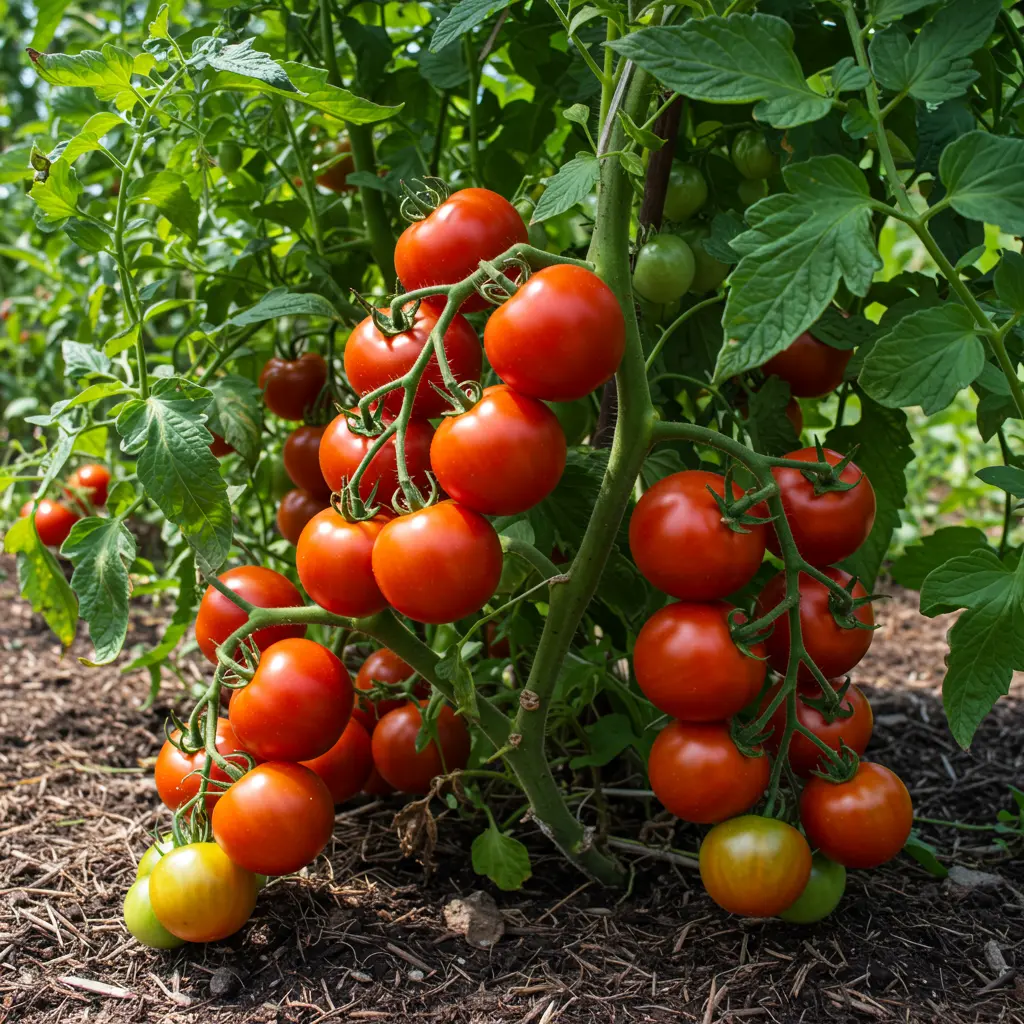 An image illustrating Photorealistic close-up to medium shot of lush, vibrant tomato plants heavily laden with ripe, juicy red tomatoes. The scene is set in a sunny Georgia garden, with rich, dark amended soil visible at the base of the plants. Bright, natural sunlight illuminates the scene, highlighting the healthy green leaves and the glossy skin of the tomatoes. Mood is abundant, successful, and encouraging. 16:9 aspect ratio. --no text --no overly stylized elements.