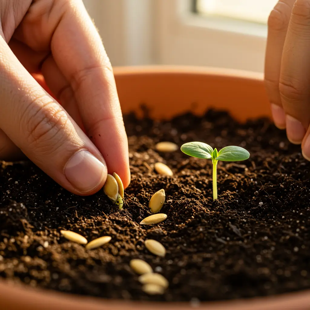 An image illustrating Photorealistic macro shot, slightly overhead view: A pair of gentle hands carefully planting cantaloupe seeds into rich, dark, moist potting soil in a terracotta seed pot. Beside the planting spot, a tiny, vibrant green cantaloupe seedling with two cotyledons is emerging, signifying successful germination. The scene is bathed in warm, bright natural sunlight, creating a hopeful and encouraging mood. Focus on the seeds, soil texture, and the delicate new seedling. Background softly blurred, suggesting an indoor gardening setup near a sunny window. 16:9 aspect ratio. --no text --no overly complex elements