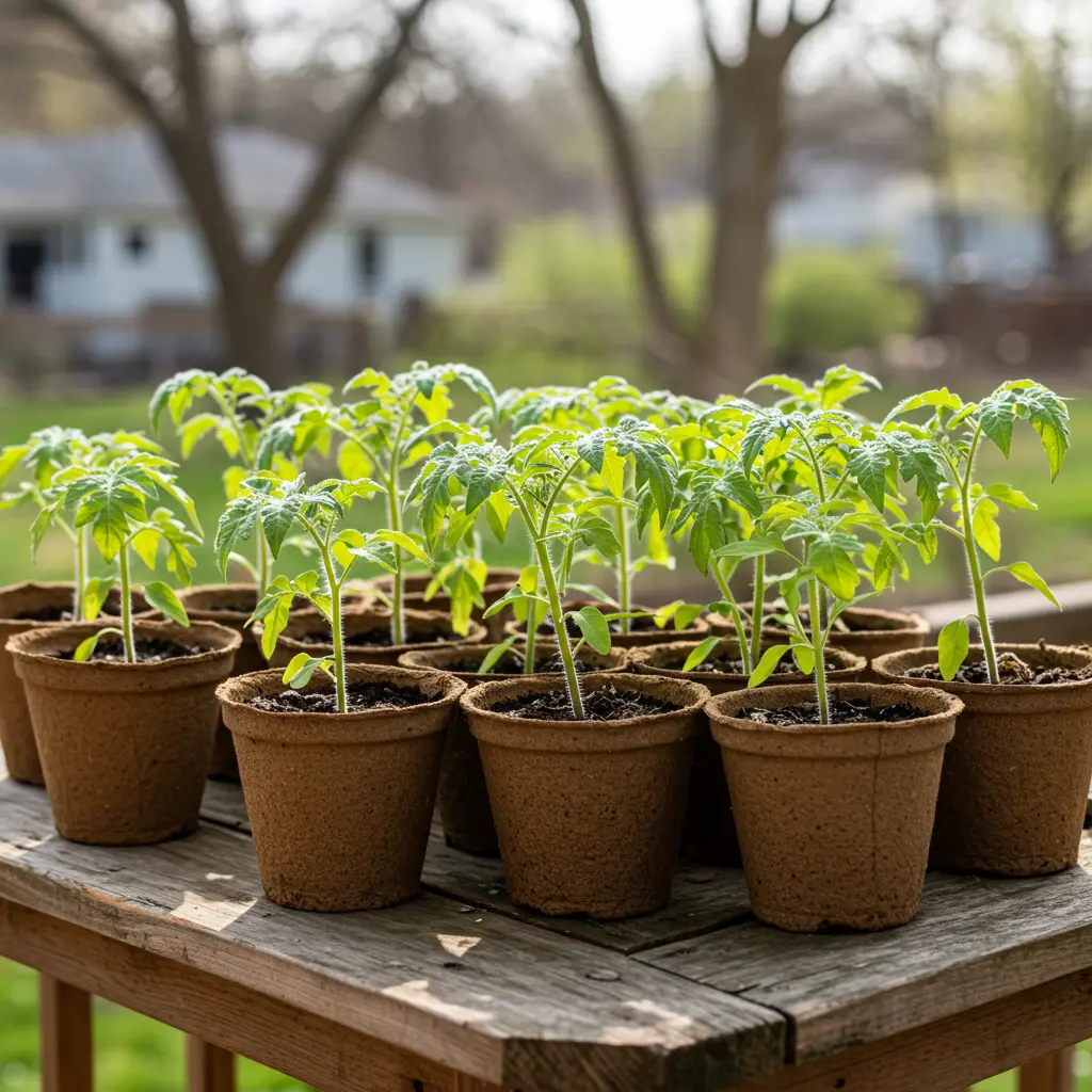 An image illustrating Photorealistic, eye-level shot, 16:9 aspect ratio. A collection of healthy young tomato seedlings in biodegradable pots, neatly arranged on a weathered wooden garden table or a small balcony space, undergoing the hardening off process. Bright, soft, natural sunlight illuminates the vibrant green leaves. In the background, a hint of a typical Ohio residential garden in spring. The scene should feel encouraging, accessible for beginners, and highlight a careful, successful transition for the plants. Warm, inviting, and hopeful mood. --no text --no clutter.
