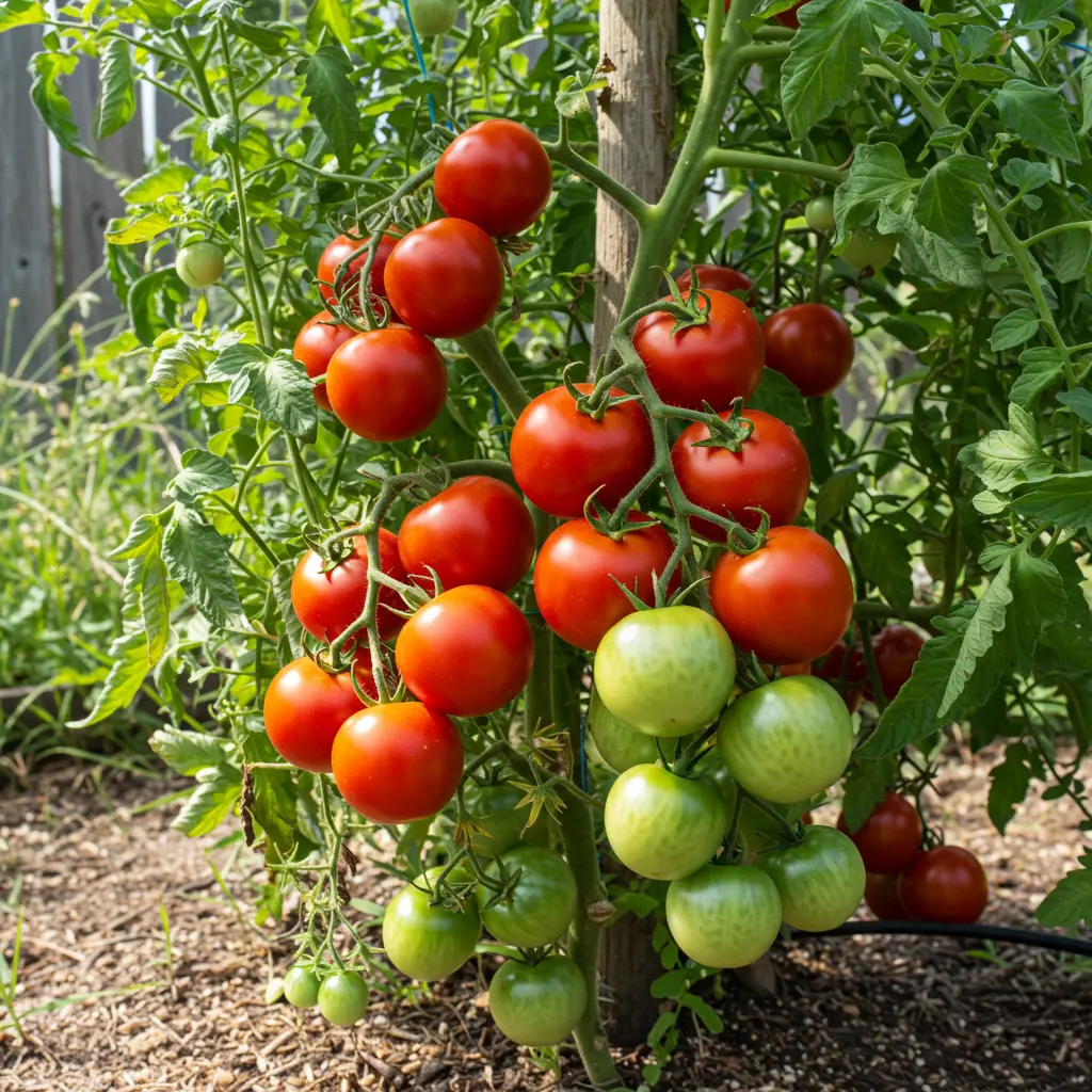 An image illustrating Photorealistic stock photo: A thriving tomato plant, heavy with a mix of ripe red and ripening green tomatoes, in a well-tended Texas garden. Bright, natural sunlight illuminates the scene. The background shows a hint of a rustic wooden fence and perhaps some heat-tolerant companion plants, suggesting a successful Texas garden. Focus on the abundance and health of the tomatoes. Eye-level, medium shot. Mood: bountiful, encouraging, sun-kissed. 16:9 aspect ratio. --no diseased plants, --no wilting.