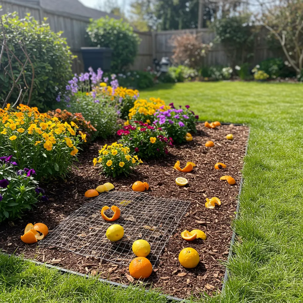 An image illustrating Photorealistic, eye-level shot of a well-maintained, vibrant flower bed in a sunny garden. Clearly visible, yet aesthetically integrated, cat deterrents such as scattered citrus peels (orange and lemon) around colorful plants and a section of neatly laid chicken wire mesh partially covered by mulch on the soil. The garden looks peaceful and undisturbed. No cats visible. Bright natural sunlight, creating a warm and inviting mood. 16:9 aspect ratio. --no blurry elements