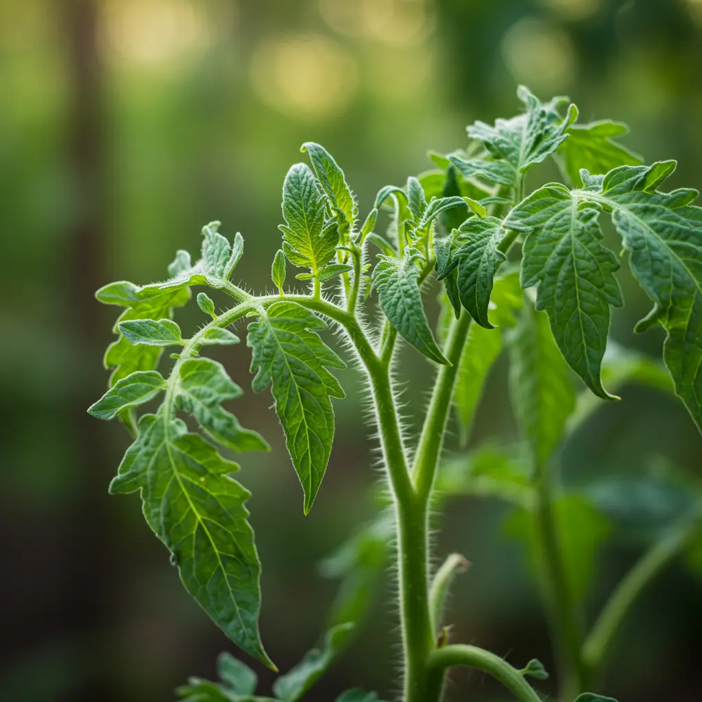 An image illustrating Photorealistic stock photo, eye-level close-up on a tomato plant stem showing several leaves with characteristic physiological upward curl. The leaves are green, indicating a common stress like heat or water issues, not severe disease. Bright, natural sunlight illuminating the leaves. Softly blurred background of healthy green tomato foliage or a garden setting. Clean, clear, diagnostic, and slightly hopeful mood. 16:9 aspect ratio. --no visible pests, --no disease lesions, --no human hands.