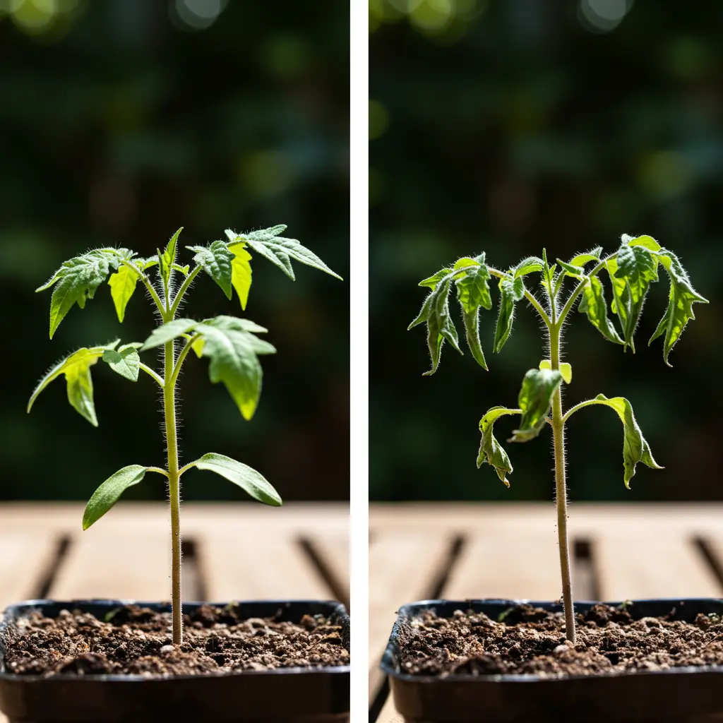 An image illustrating Photorealistic image, 16:9 aspect ratio. Side-by-side comparison: on the left, a small, vibrant green tomato seedling, healthy and upright. On the right, an identical tomato seedling showing clear signs of wilting, with leaves drooping sadly. Both are in small pots on a wooden garden table, under bright, natural daylight. Focus on the stark contrast. Mood: diagnostic, slightly concerned but clear. --no text