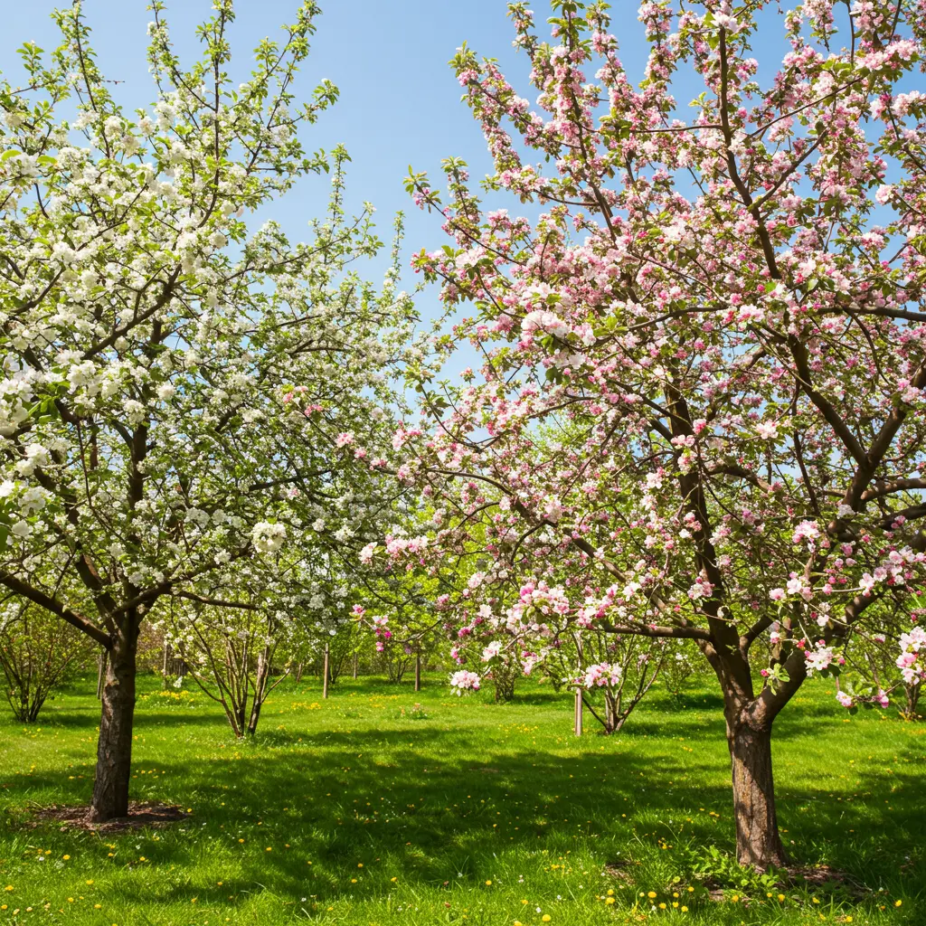 An image illustrating Photorealistic, eye-level view of two distinct, healthy apple trees blooming abundantly side-by-side in a lush, sun-drenched garden. One tree has predominantly white blossoms, the other light pink blossoms, visually suggesting different varieties crucial for cross-pollination. Bees are subtly visible, actively pollinating. The scene evokes a feeling of fruitfulness and successful gardening. Bright, natural sunlight, vibrant greens, soft blues in the sky. 16:9 aspect ratio. --no people, --no text, --no blurry elements.