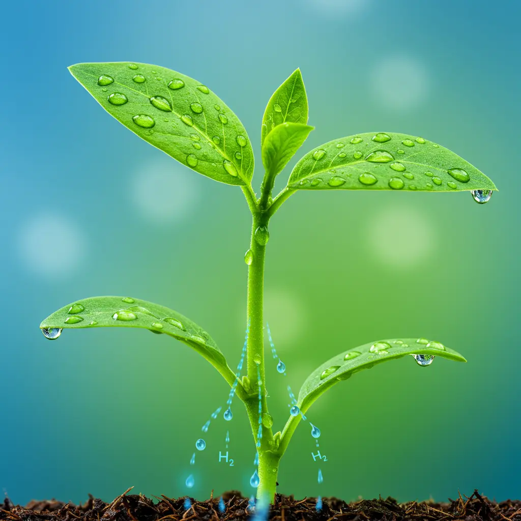 An image illustrating A visually striking educational image: Close-up, eye-level view of a lush, vibrant green plant. Clearly visible are water droplets on the leaves and a subtle, artistic representation of water (stylized H2O molecules or light blue streams) being absorbed by roots (faintly suggested at the base) and traveling up the stem, highlighting xylem transport. The plant exhibits perfect turgor pressure. Background is a clean, softly blurred gradient of blues and greens, evoking a sense of life and science. Lighting is bright and clear, emphasizing details. Style: Photorealistic with subtle illustrative scientific elements. Mood: Healthy, vital, educational, intriguing. 16:9 aspect ratio. --no text, --no people, --no wilting.
