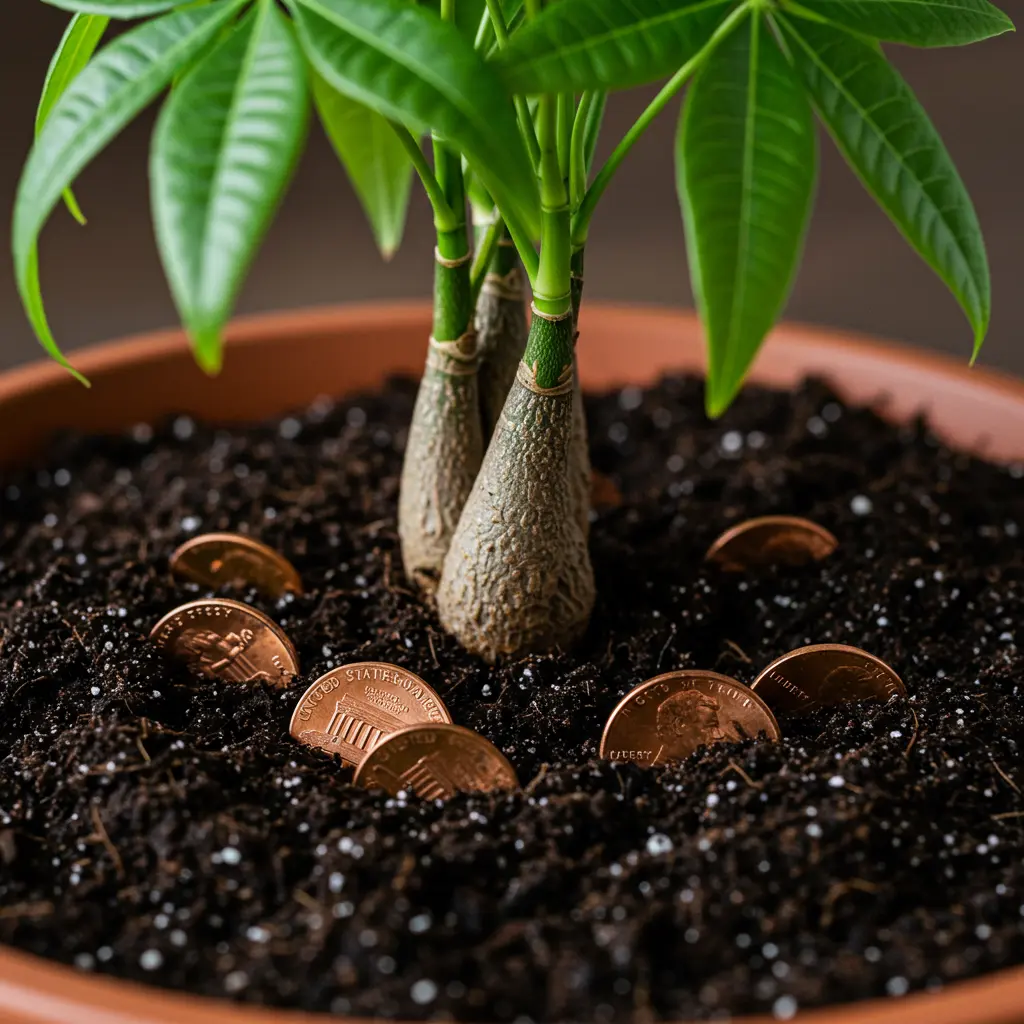 An image illustrating Photorealistic stock photo, 16:9 aspect ratio. A close-up shot focusing on a few US pennies (mix of older copper and newer zinc-based, subtly distinguishable if possible) partially buried in dark, rich potting soil at the base of a vibrant, healthy Money Tree (Pachira aquatica). Soft, natural light illuminates the scene, creating a thoughtful and slightly cautionary mood. The image should be clean, well-composed, and avoid showing any plant distress. Focus on the pennies and their proximity to the plant's soil.