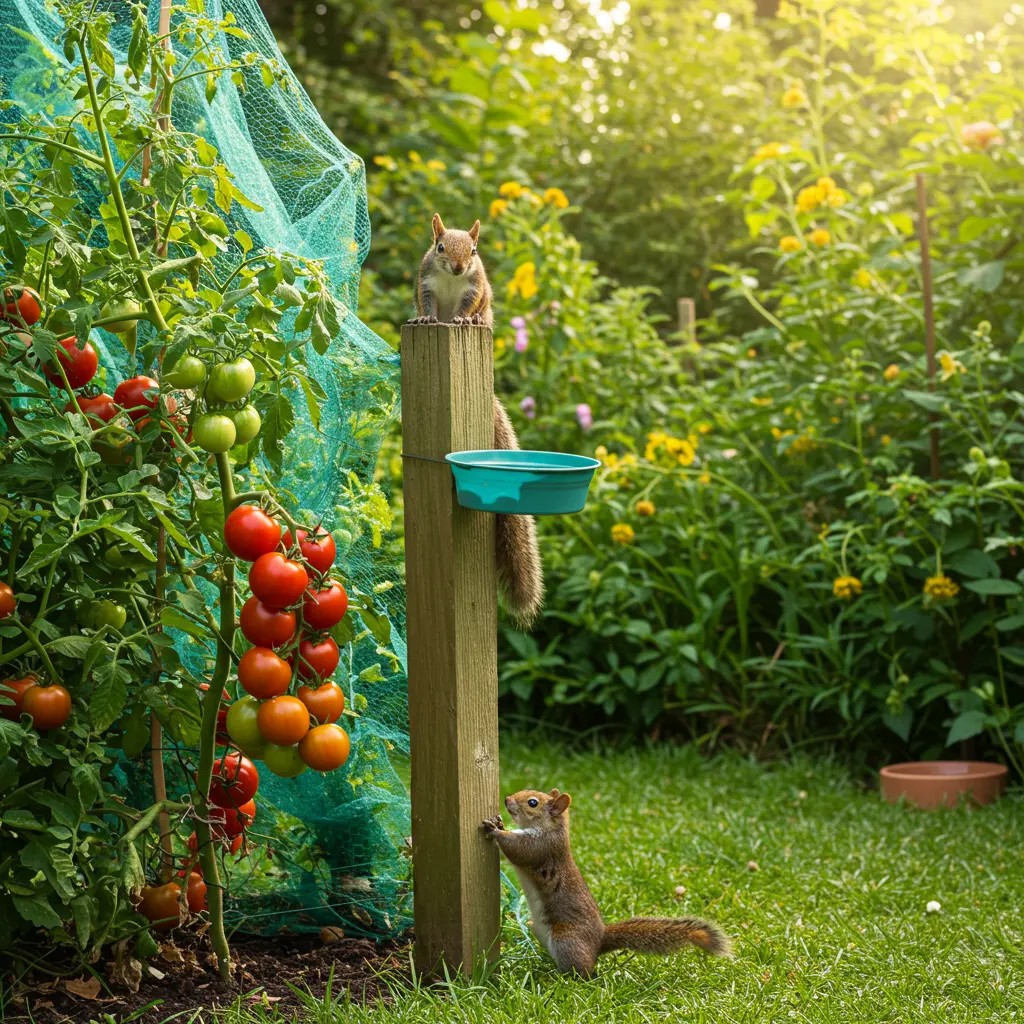 An image illustrating Photorealistic stock photo, eye-level view, of a lush home garden setting. In the foreground, a vibrant tomato plant with ripe red tomatoes on the vine, partially protected by loose bird netting. A curious squirrel is perched on a wooden fence post nearby, looking towards the tomatoes but not eating them. In the mid-ground, a small, clean dish of water for wildlife. Bright, natural sunlight, warm and inviting mood. 16:9 aspect ratio. --no text --no people