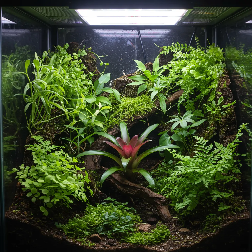 An image illustrating Photorealistic image, 16:9 aspect ratio, eye-level view into a beautifully designed bioactive vivarium. Lush, vibrant green Pothos, ferns, and a small, colorful Bromeliad are thriving. The plants are clearly illuminated by a bright, white, full-spectrum light, suggestive of dedicated plant grow lighting, creating a healthy and inviting atmosphere. The focus is on the flourishing plant life within the vivarium setting. --no text --no animals --no blurry elements