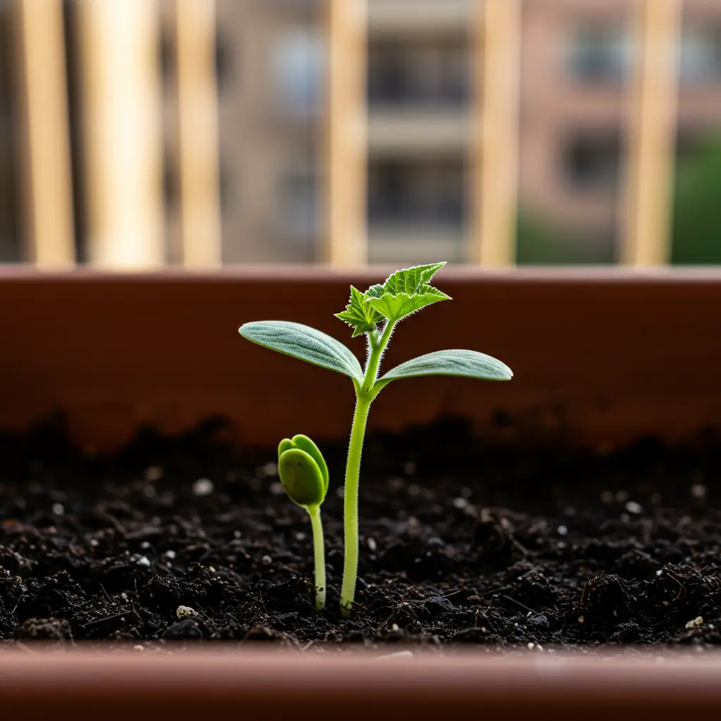 An image illustrating Photorealistic, eye-level close-up of a single, robust cantaloupe seedling with two vibrant green cotyledons and emerging true leaves, pushing through dark, moist soil in a rustic terracotta container. The background shows a blurred sunny balcony railing, suggesting a limited space gardening success story. Warm, bright, natural morning sunlight. Encouraging and optimistic mood. 16:9 aspect ratio. --no text --no people