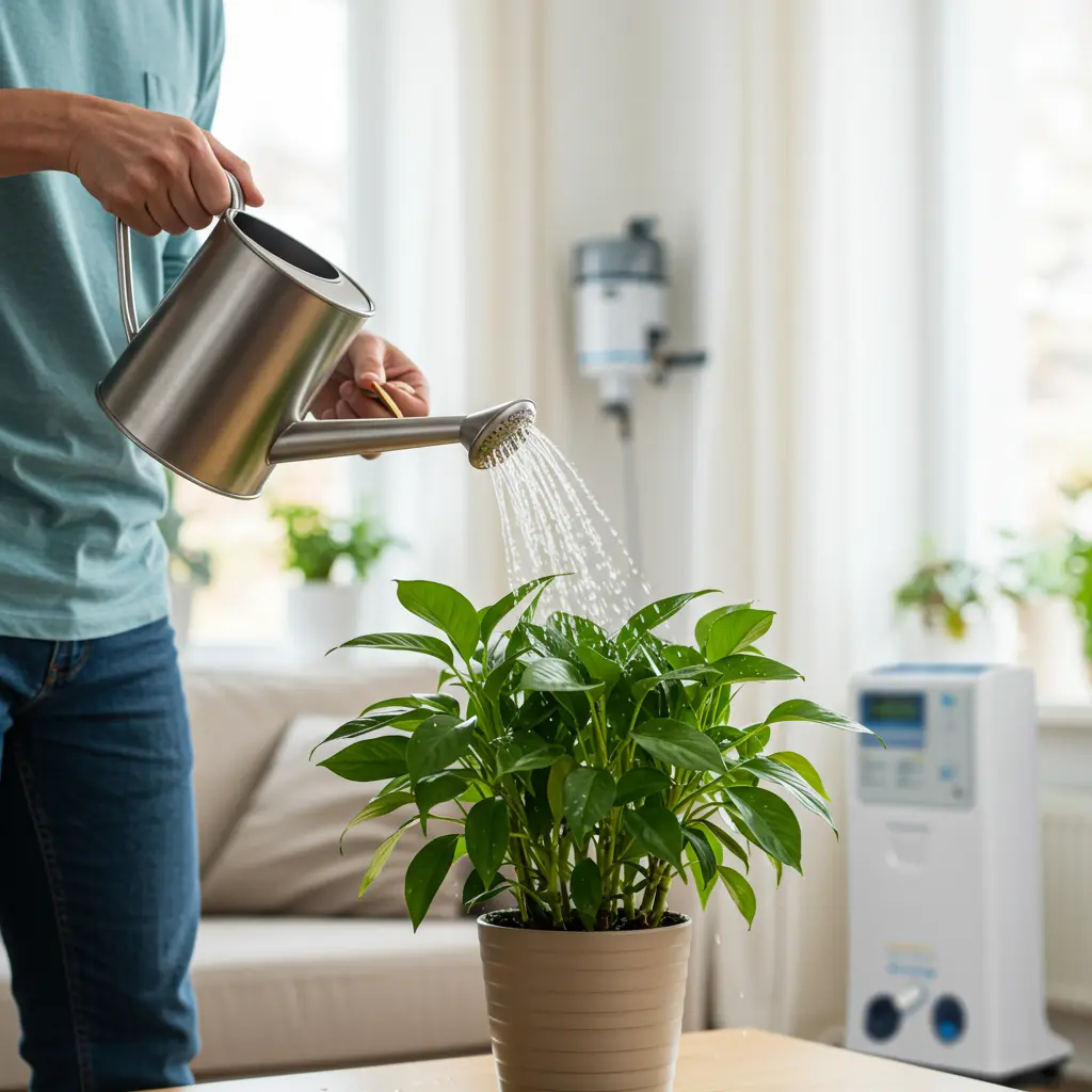 An image illustrating Photorealistic stock photo, 16:9 aspect ratio. A caring homeowner is attentively watering a thriving, lush green houseplant in a bright, modern home setting. The focus is on the healthy plant and the act of careful watering with clear water from a dedicated can. In the distant, subtly blurred background, a glimpse of a water softener system could be visible, indicating the context without overshadowing the positive plant care. Mood: responsible, healthy, informed, solution-found. Natural, inviting light.