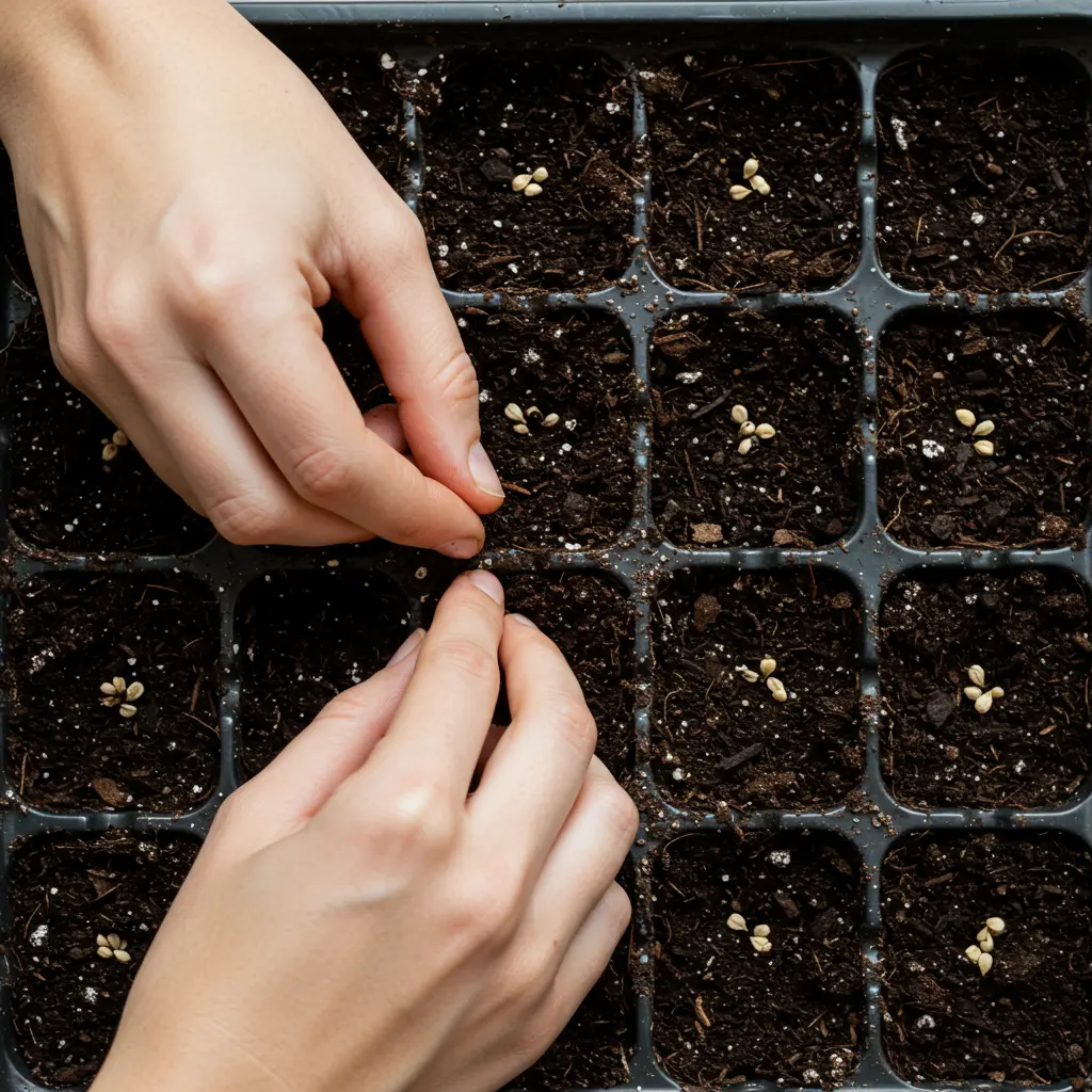 An image illustrating Overhead close-up shot, photorealistic style, capturing a pair of hands gently placing small, dark marigold seeds into precisely indented holes (1/4 inch deep) in rich, dark, moist potting soil within a sectioned seed starting tray. Bright, natural window light illuminates the scene, highlighting soil texture and seed detail. Clean, encouraging, and instructional mood. Focus is sharp on the hands and seeds. 16:9 aspect ratio. --no blurry elements --no text