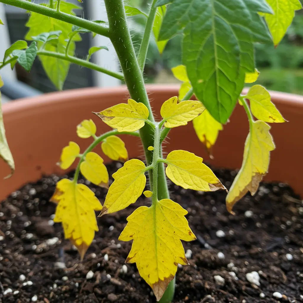 An image illustrating Photorealistic close-up capturing the base of a healthy tomato plant stem in a terracotta pot, where several lower leaves are distinctly yellowing (some fully yellow, some yellowing from the tip/edges), contrasting sharply with the vibrant green upper foliage visible in the background. Shot in bright, natural daylight outdoors. Focus is sharp on the yellowing leaves. 16:9 aspect ratio. --no text --no disease spots