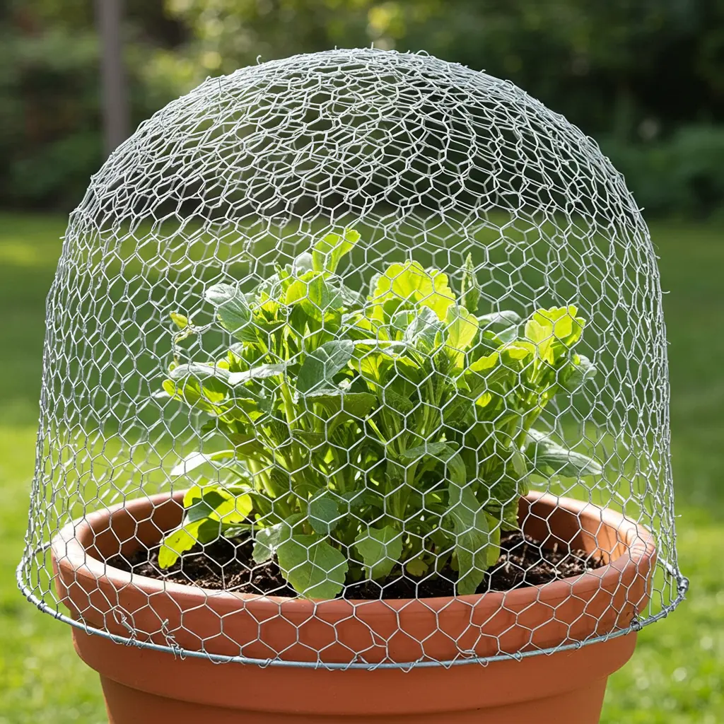 An image illustrating Photorealistic close-up shot focusing on a terracotta potted plant with healthy green foliage, effectively protected by a neatly constructed dome made of silver chicken wire mesh (a DIY wire cloche). The mesh is secured around the pot's rim. Bright, natural morning sunlight illuminates the scene, set against a slightly blurred garden background suggesting a home garden environment. The mood is practical and successful. 16:9 aspect ratio. --no squirrels --no damaged plants --no people