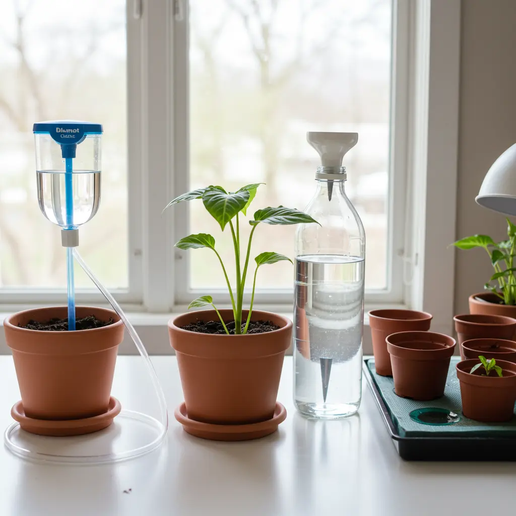 An image illustrating Photorealistic image, eye-level view: Side-by-side comparison setup on a clean tabletop near a window with bright natural light. Left: A Blumat Classic stake correctly inserted in a potted plant, tube leading to a water reservoir placed slightly *below* pot level. Center: A DIY water bottle with a ceramic spike inserted into another pot. Right: Small pots on a capillary mat wicking water from a tray. Focus on clear setup details. Calm, practical mood. 16:9 aspect ratio. --no people --no text