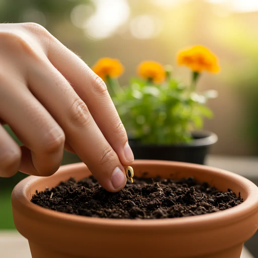 An image illustrating Close-up, eye-level photorealistic shot of gentle hands carefully pressing a single marigold seed onto the surface of dark, moist potting mix in a small terracotta pot. Focus is sharp on the seed and soil surface, demonstrating shallow sowing. Background softly blurred garden setting suggesting future growth. Bright, warm, natural sunlight creating a hopeful and encouraging mood. 16:9 aspect ratio. --no text --no clutter