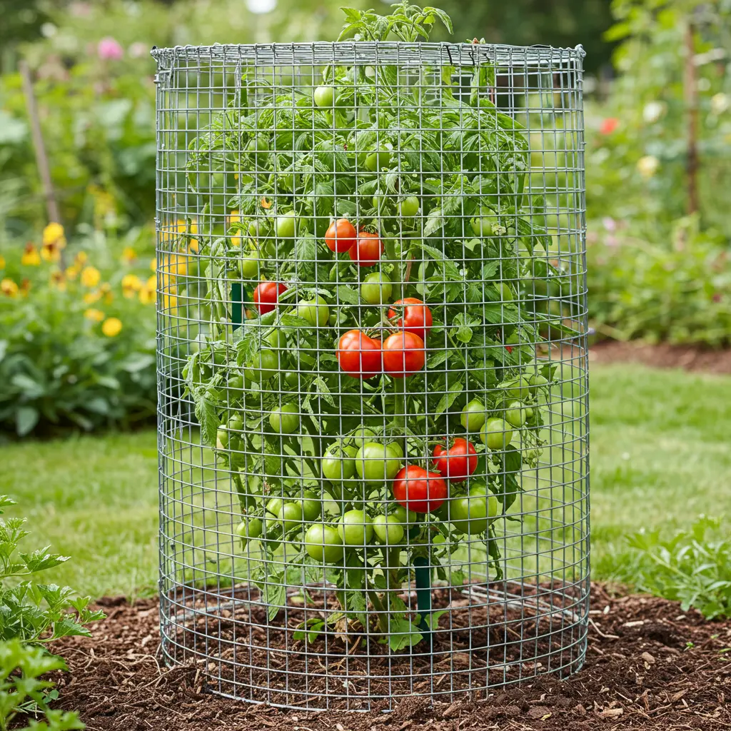 An image illustrating Photorealistic, eye-level view of a vibrant green tomato plant with several ripening red tomatoes, securely protected inside a well-constructed cage made of 1/2-inch silver hardware cloth mesh. Set in a sunny, slightly blurred garden background. Bright, natural daylight highlighting the healthy plant and effective barrier. 16:9 aspect ratio. --no people --no squirrels --no text
