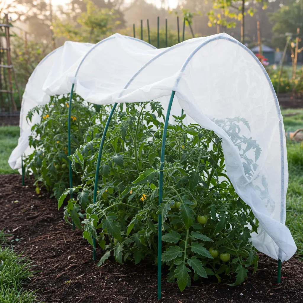 An image illustrating Photorealistic eye-level medium shot of healthy tomato plants in a garden bed being carefully covered for frost protection. A white fabric row cover is suspended on hoops, creating a tent *over* the plants, clearly showing the fabric is *not* touching the leaves or tomatoes. Set during early morning cool light, perhaps with a hint of frost on the distant grass. Focus is sharp on the correct covering technique. Mood is careful and protective. 16:9 aspect ratio. --no plastic touching leaves --no people's faces